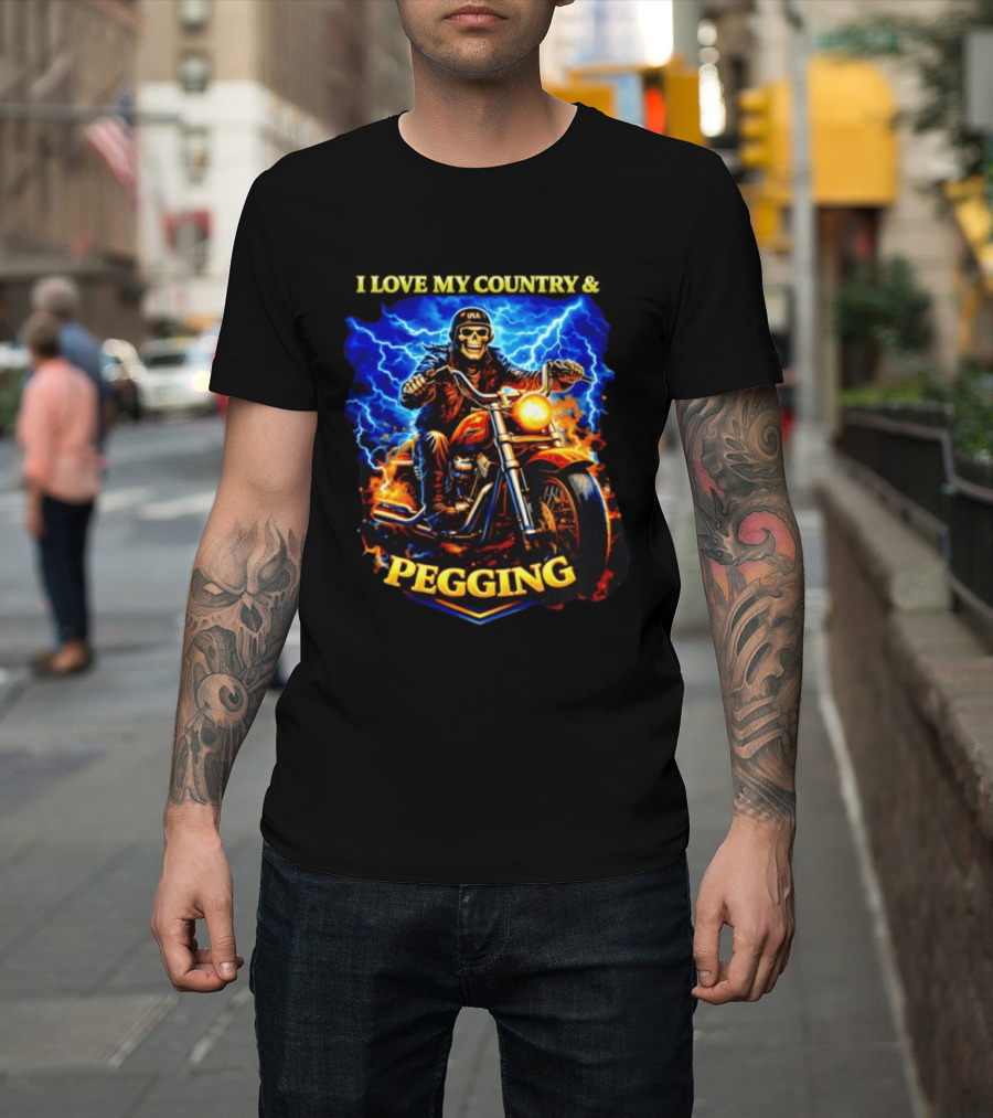Skeleton USA Biker Riding Motorcycle I Love My Country Pegging T-Shirt