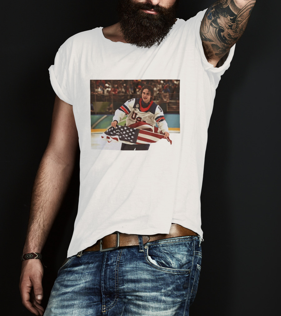 USA Hockey Jack Hughes American Flag Celebration T-Shirt