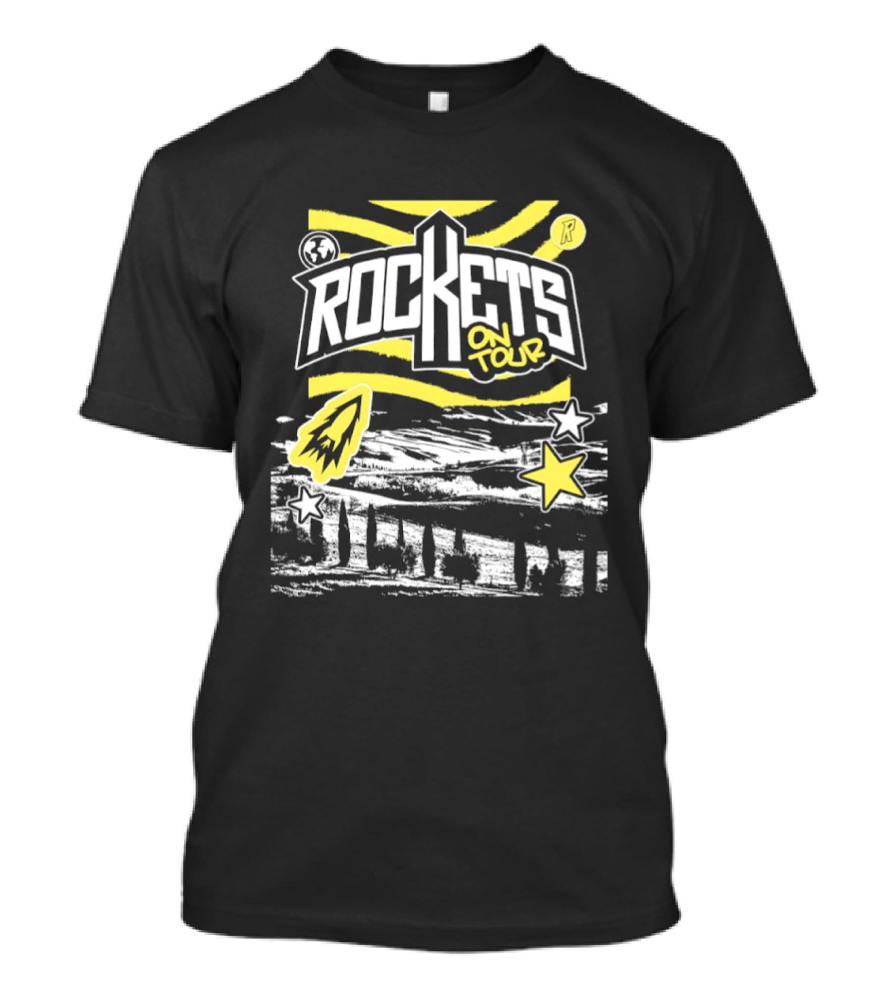 Rockets On Tour Yellow Stars Rocketship Waves Planet T-Shirt