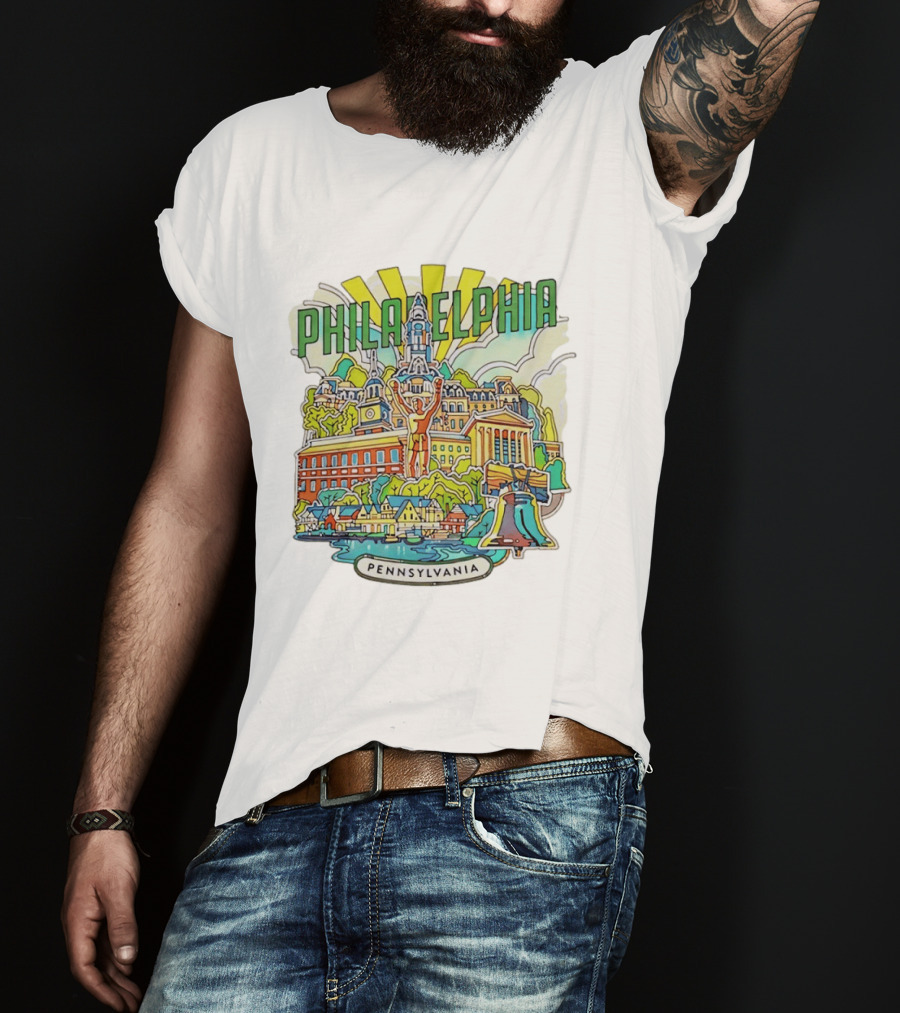 Philadelphia Pennsylvania Skyline Landmark Icons Liberty Bell Art Deco T-Shirt