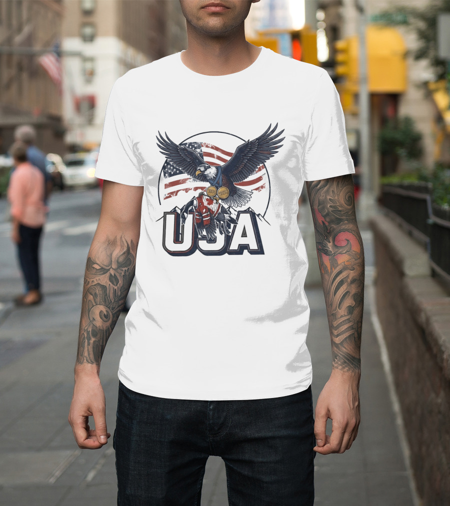 USA Eagle Ice Hockey Olympic Medals 1980 2026 American Flag T-Shirt