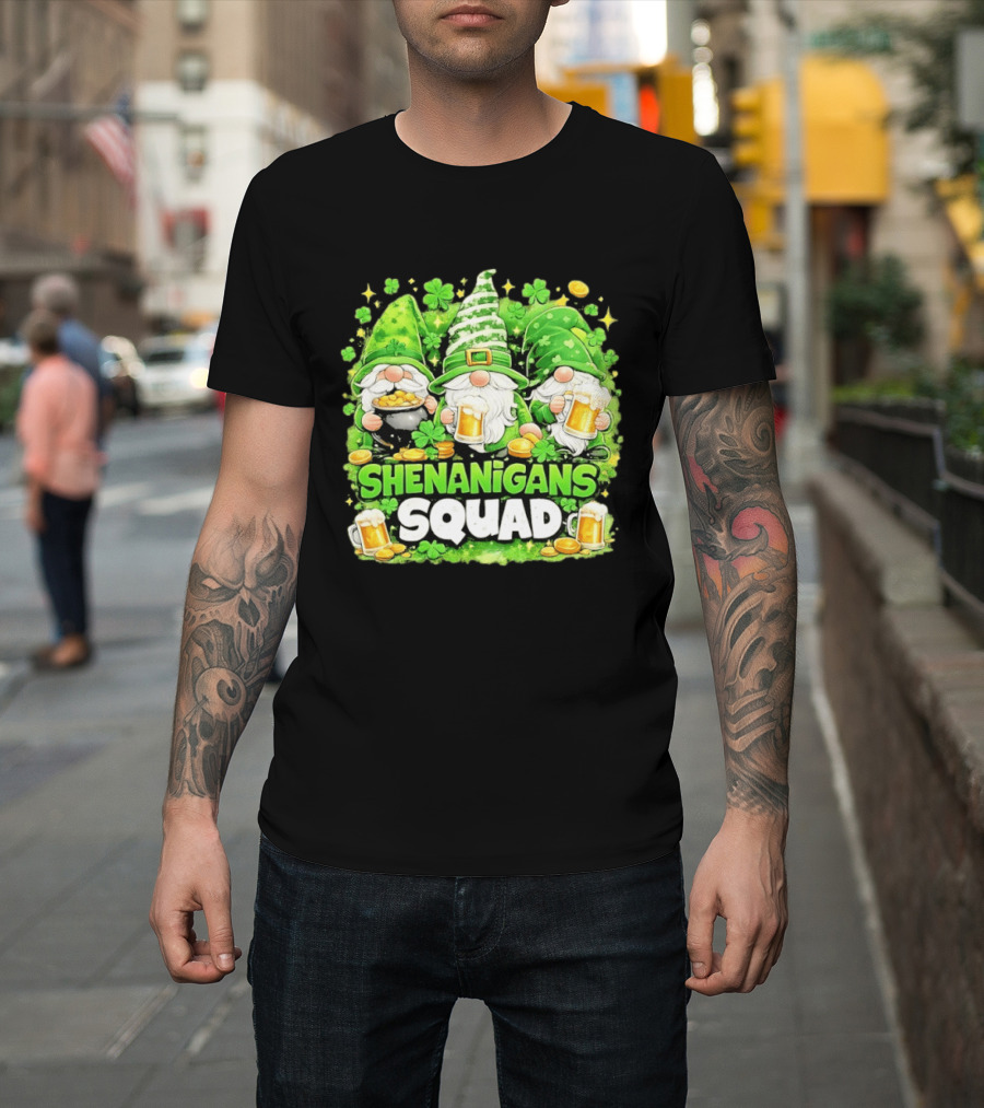 Shenanigans Squad St Patrick's Day Irish Gnomes Beer S And Clover Coins T-Shirt