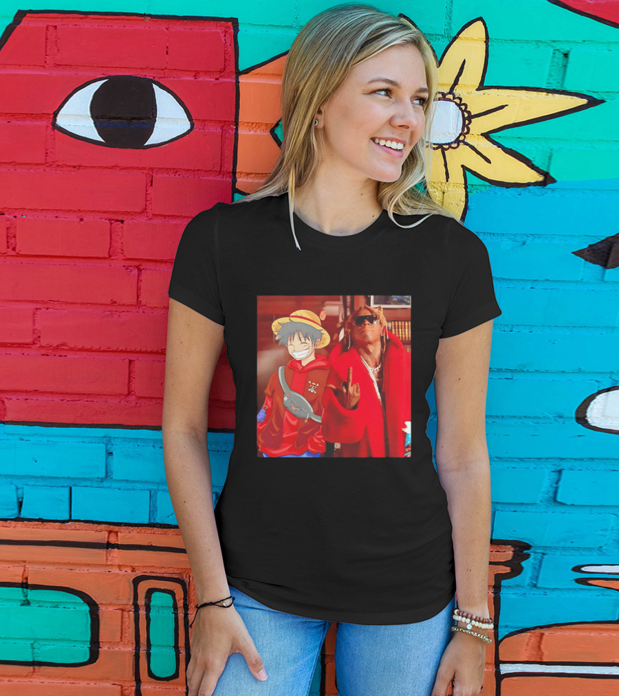 Lil Gum Monkey D. Luffy And Rapper Red Coat Outfit Fusion T-Shirt