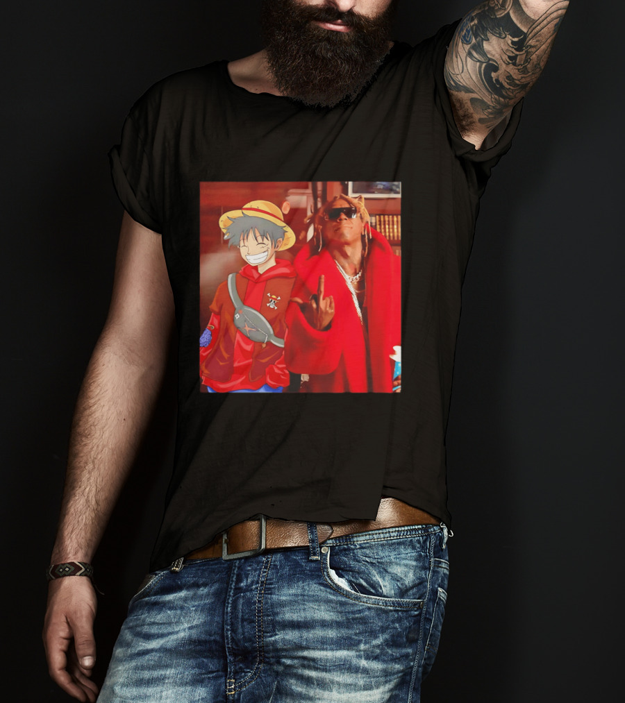 Lil Gum Monkey D. Luffy And Rapper Red Coat Outfit Fusion T-Shirt