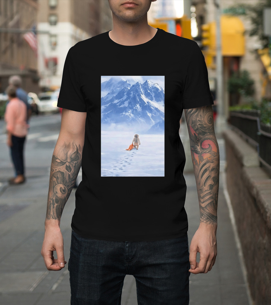 Monkey Holding Stuffed Monkey Alone Walking In Snowy Mountains T-Shirt