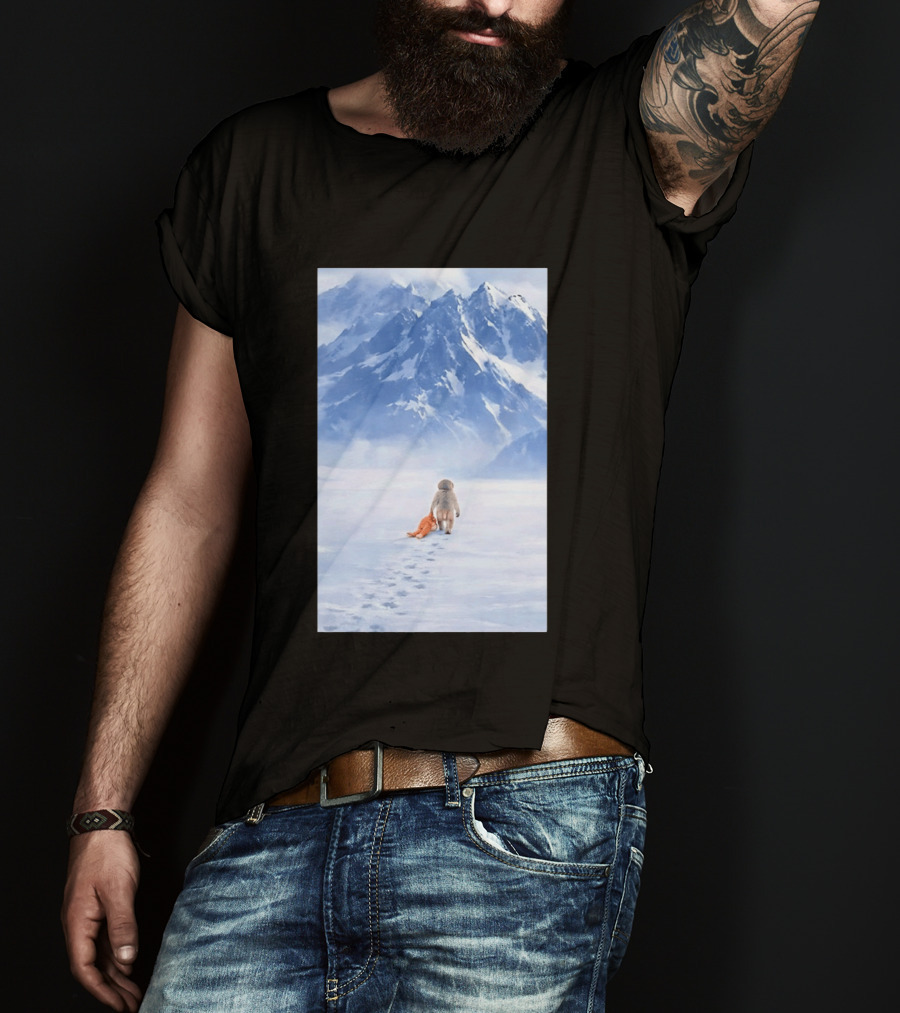 Monkey Holding Stuffed Monkey Alone Walking In Snowy Mountains T-Shirt