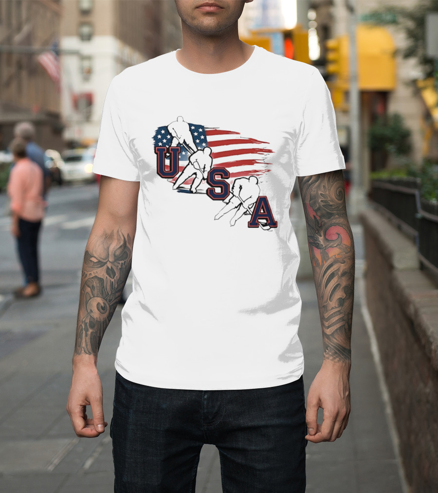 USA Olympic Gold Medal Hockey American Flag Hockey Players T-Shirt