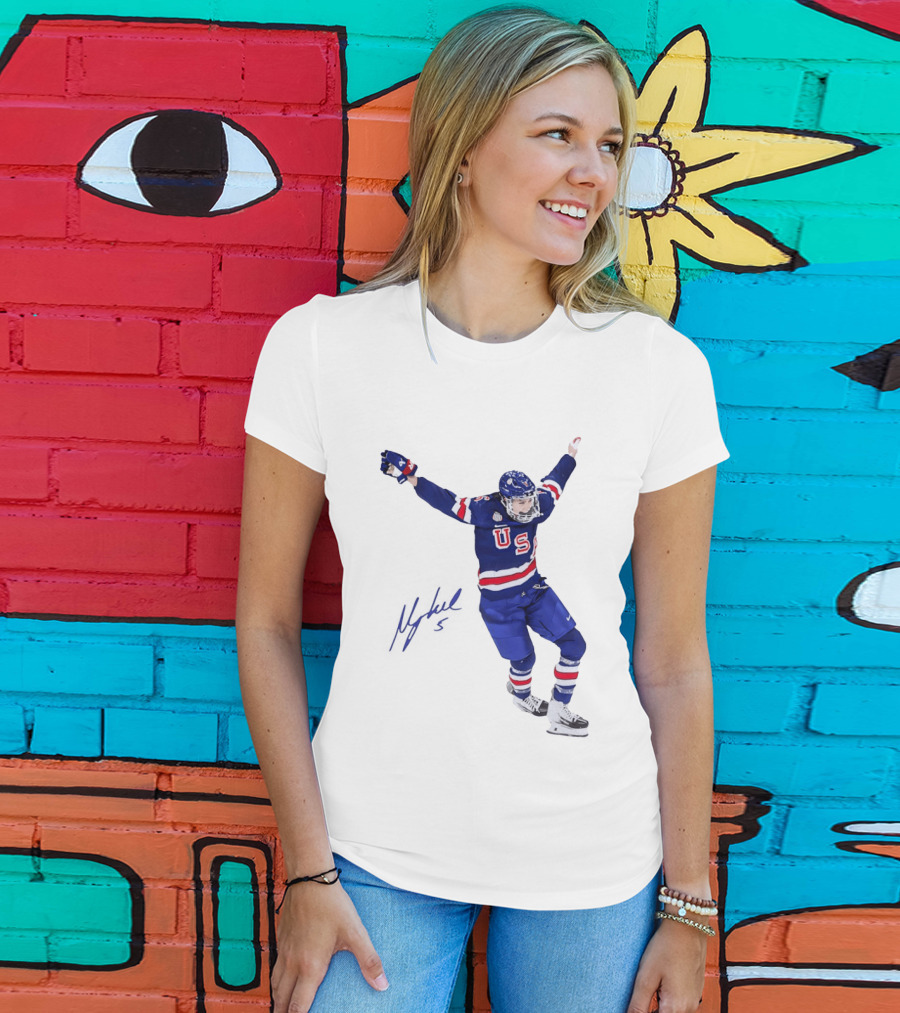 USA Team Hockey Megan Keller Blue Uniform Celebration T-Shirt