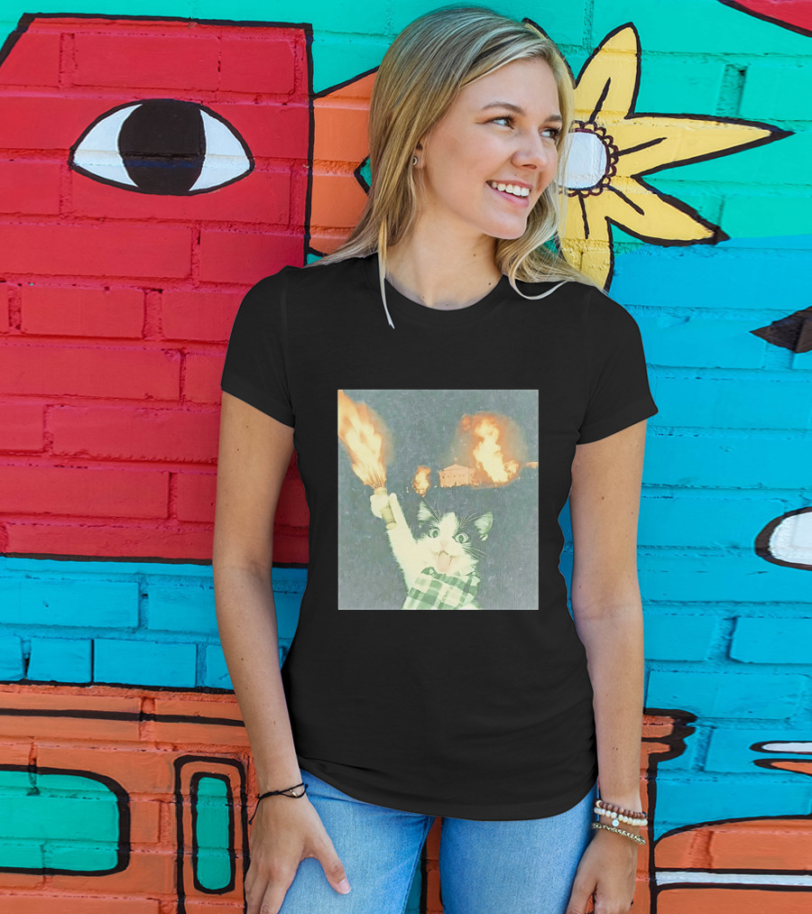 Rebellious Cat Riot Scene With Flaming T-Shirt