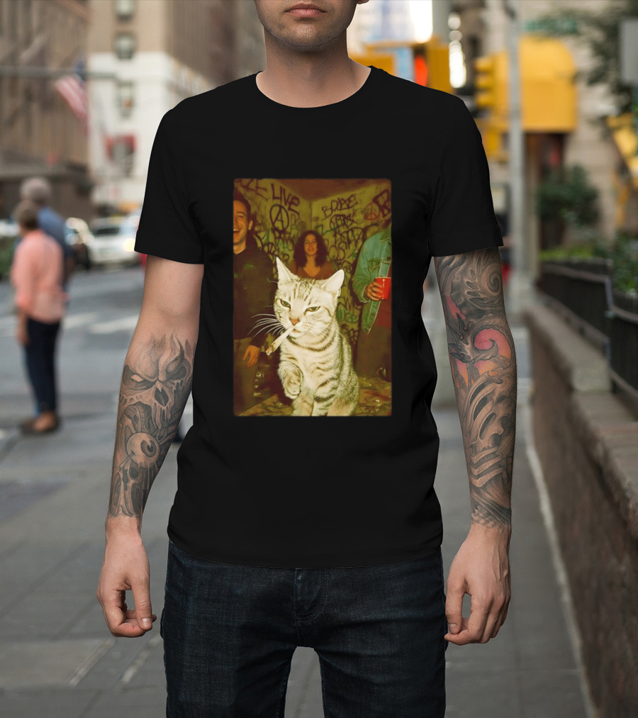 Smoking Tabby Cat Live Punk Party Scene T-Shirt