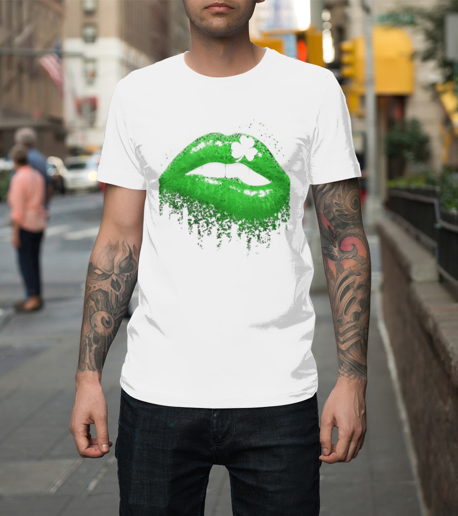 St Patrick's Day Green Lips Shamrock Shape T-Shirt