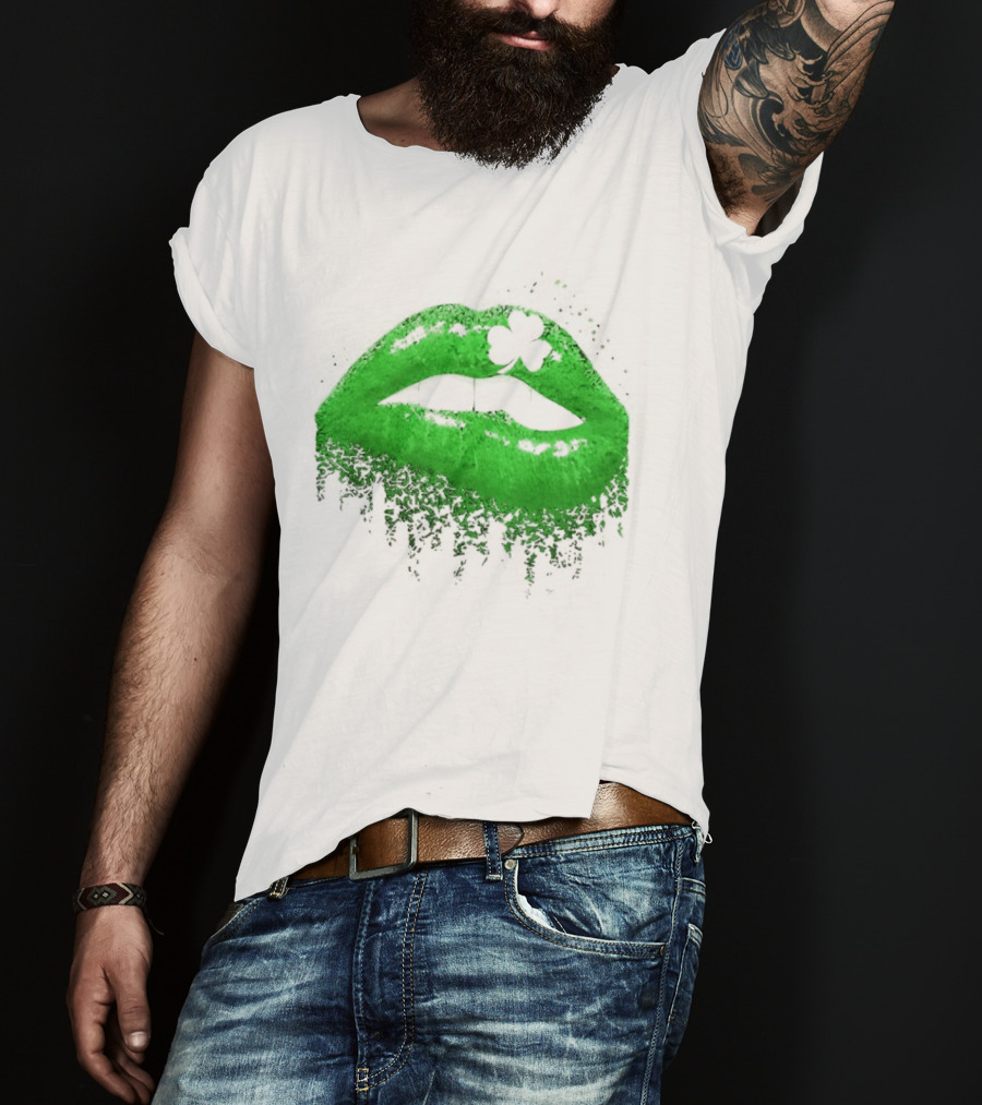 St Patrick's Day Green Lips Shamrock Shape T-Shirt