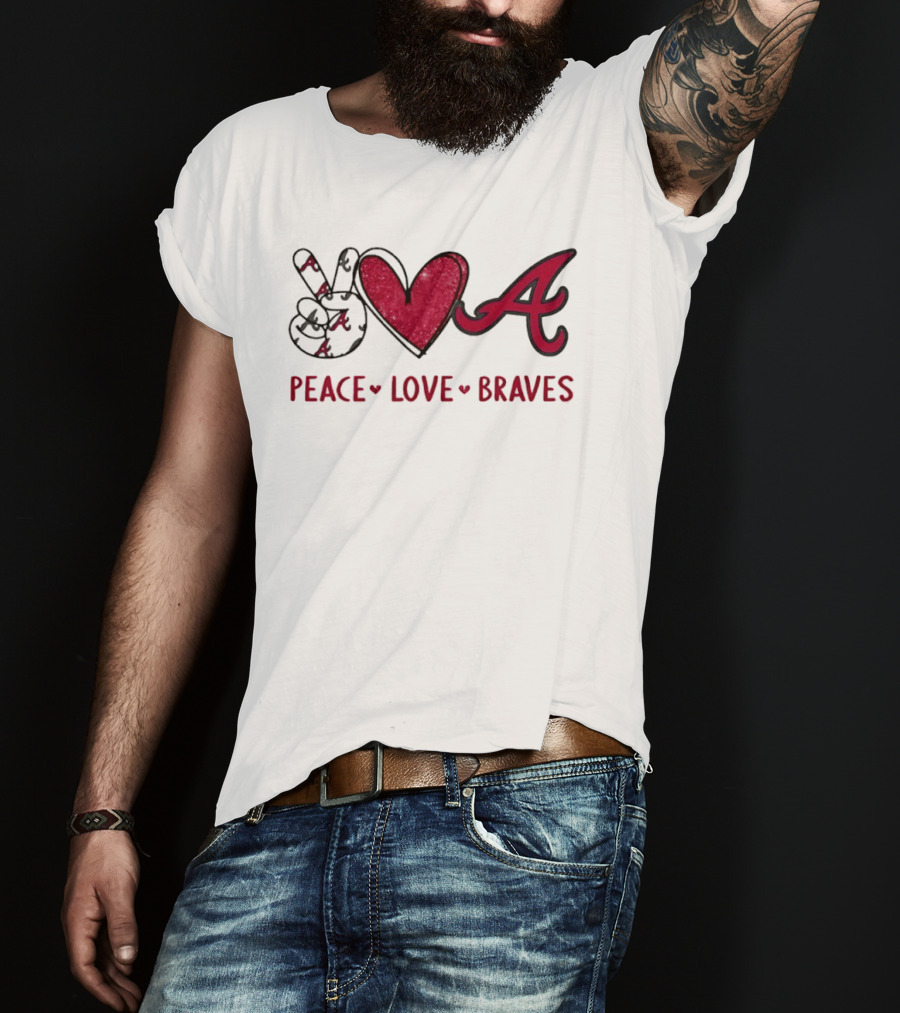 Atlanta Braves Peace Love Hand Sign Heart Shape T-Shirt