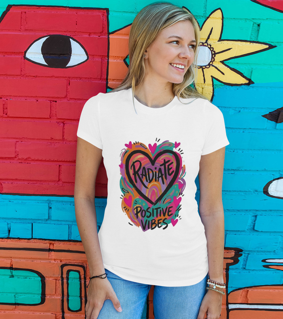 Radiate Positive Vibes Colorful Heart Shape T-Shirt