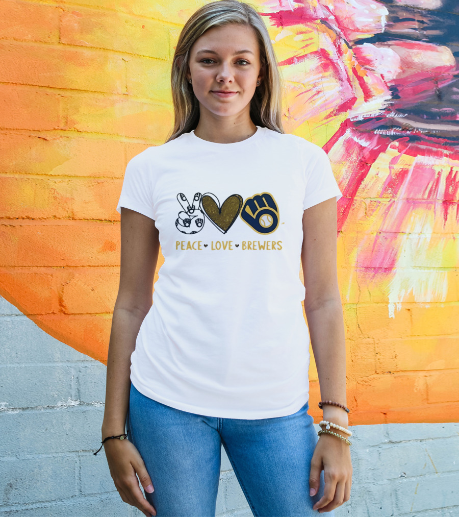 Milwaukee Brewers Peace Love Hand Sign Heart Shape T-Shirt