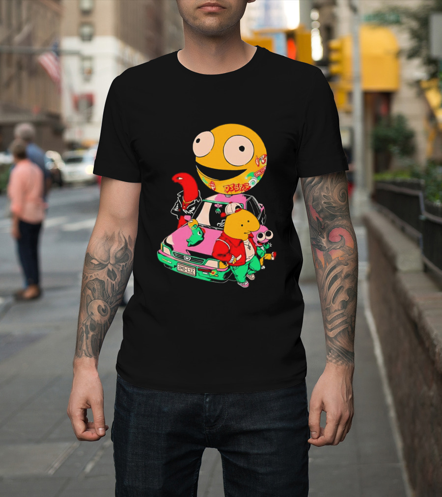 Pac Man Inspired Japanese Characters and Vintage Car Adventure T-Shirt