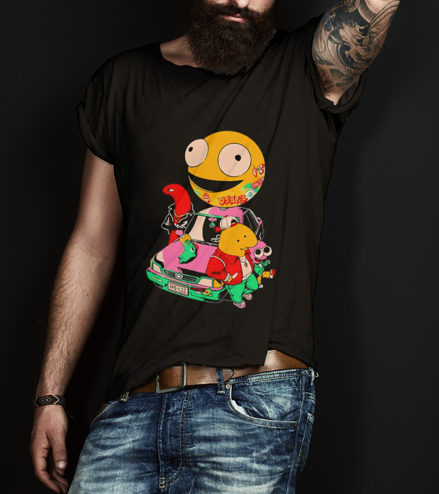 Pac Man Inspired Japanese Characters And Vintage Car Adventure T-Shirt