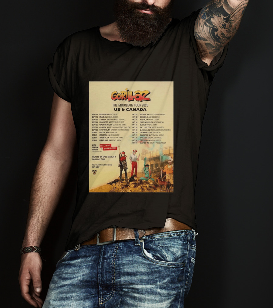 Gorillaz The Mountain Tour 2026 US Canada Dates Little Simz Deltron 3030 T-Shirt