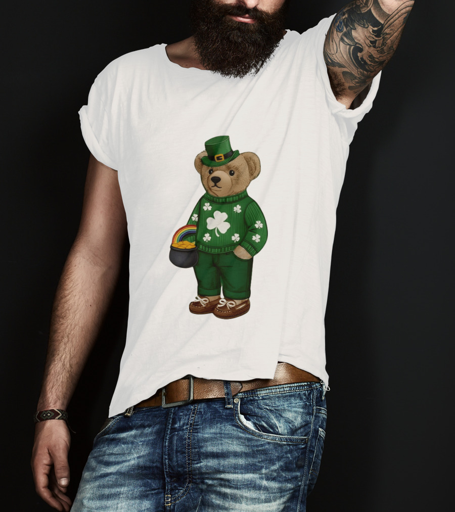 Lucky Teddy Bear Irish St Patricks Day Clover Rainbow Pot Of Gold T-Shirt