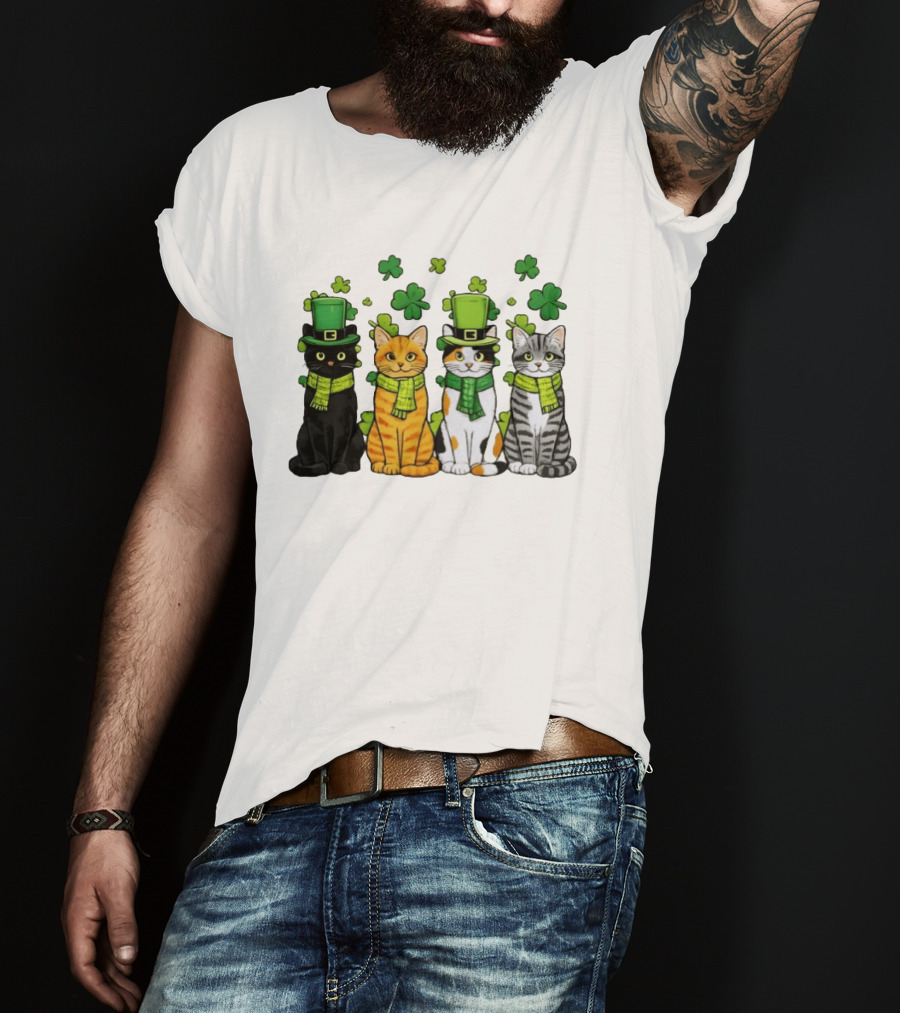 St Catrick's Day Black Cat Orange Tabby Cat Calico Cat And Gray Tabby Cat With Shamrocks And Green St Patrick's Hats T-Shirt