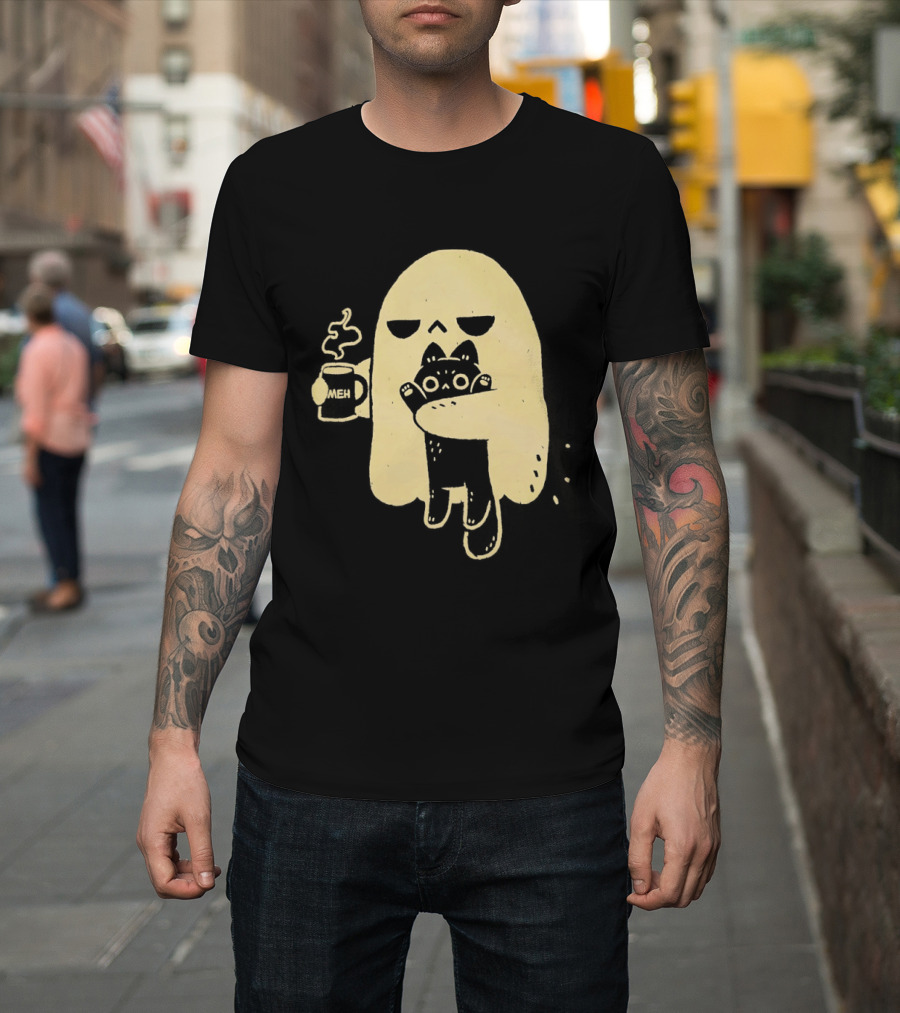 Ghost With Cat And Coffee Cup T-Shirt