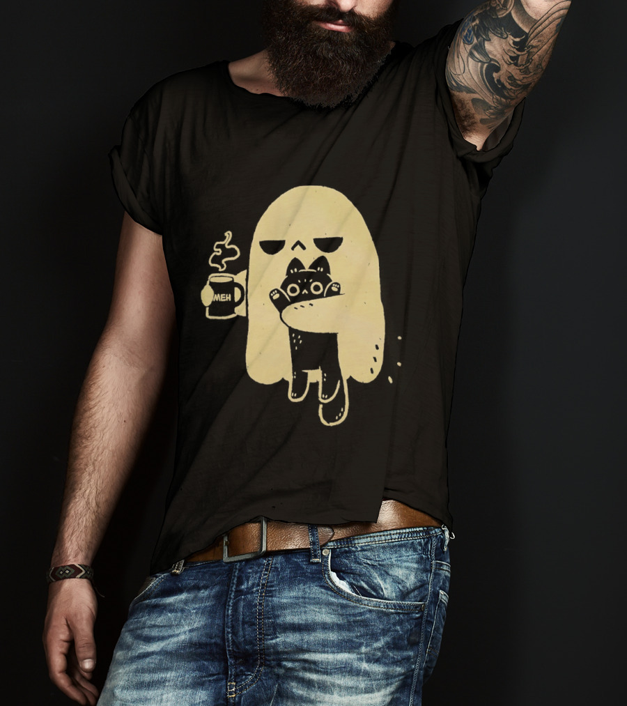 Ghost With Cat And Coffee Cup T-Shirt