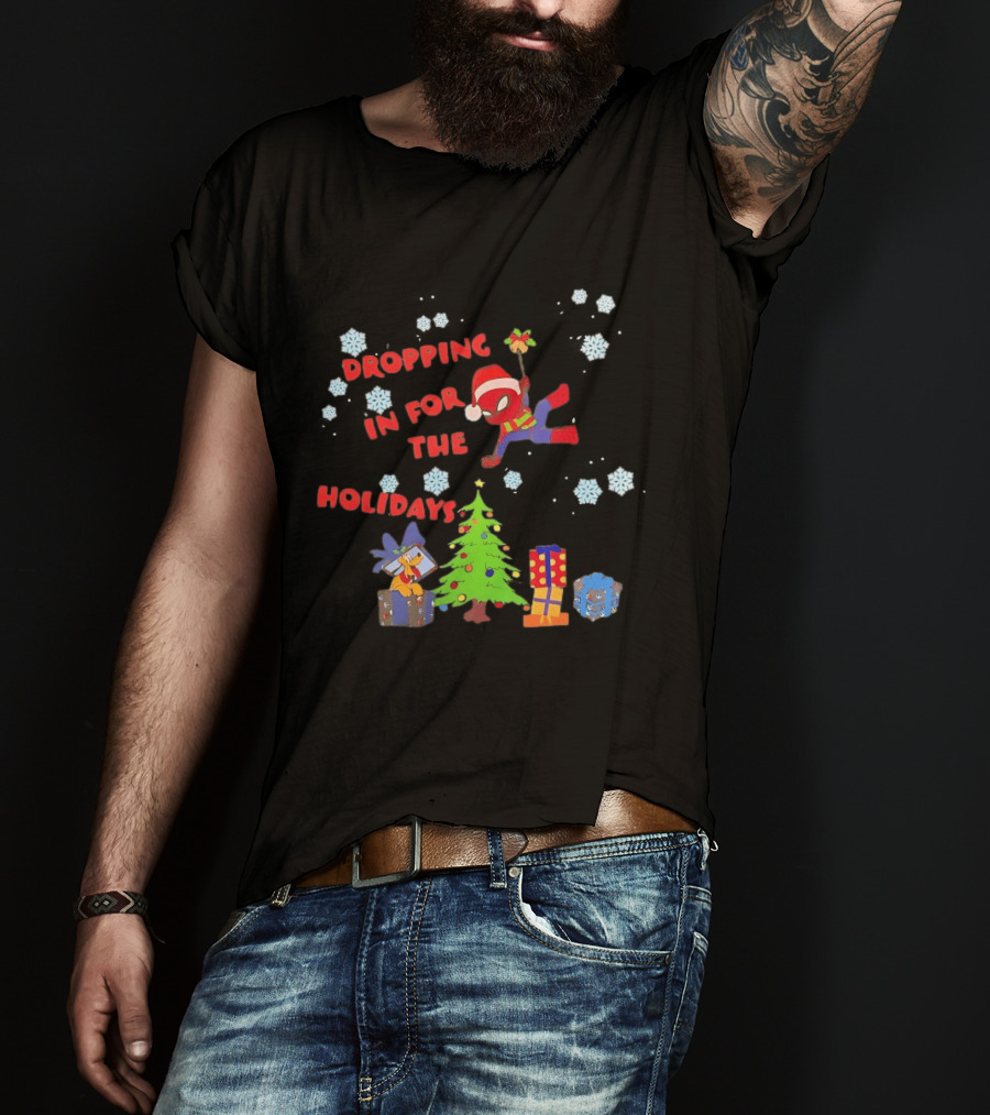 Spider Man Dropping In For The Holidays Christmas Tree Presents Snowflakes T-Shirt