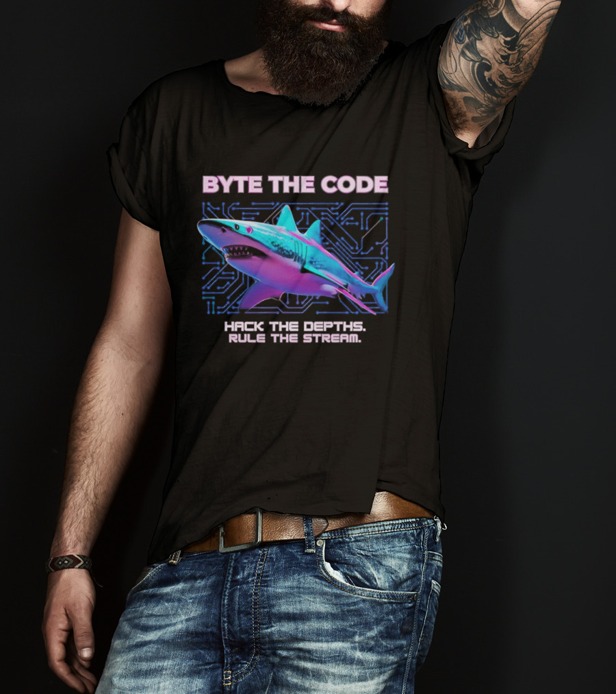 Byte The Code Hack The Depths Rule The Stream Cyberpunk Shark T-Shirt