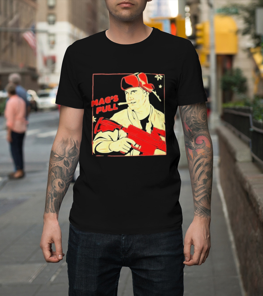Mag's Full Armed Character With Red Cap And Gun T-Shirt