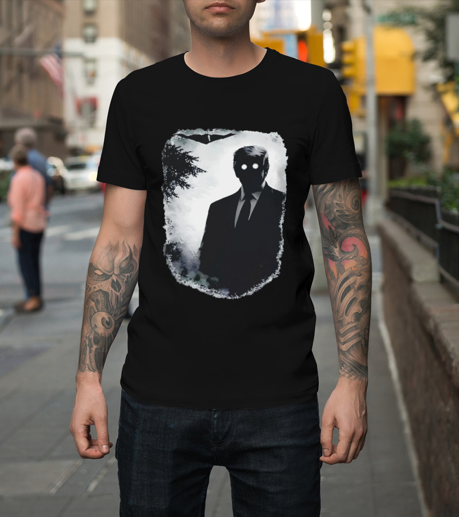 Dark Shadow Figure Mysterious Silhouette Trump Eerie Woods Cloaked Eyes T-Shirt