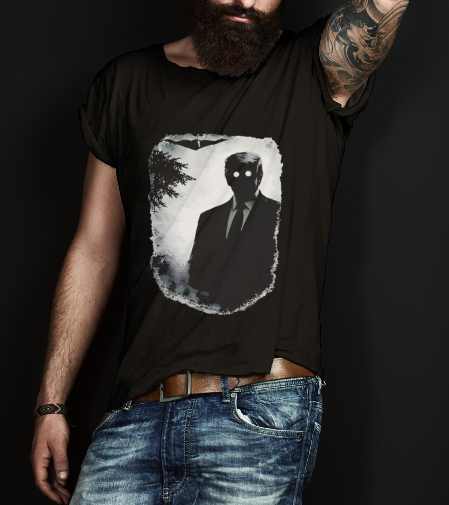 Dark Shadow Figure Mysterious Silhouette Trump Eerie Woods Cloaked Eyes T-Shirt