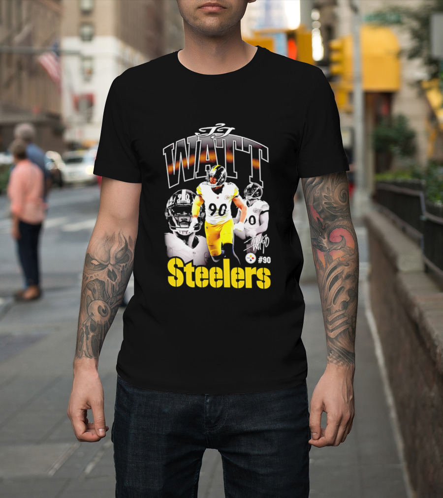 T.J. Watt Steelers #90 Triple Image With Signature T-Shirt
