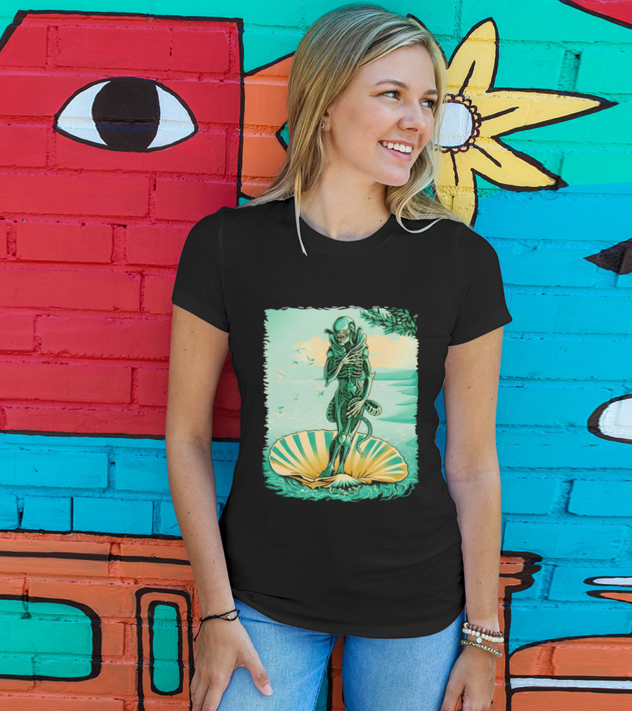 Alien Seated On Seashell The Birth Of Alienus Fusion Renaissance T-Shirt