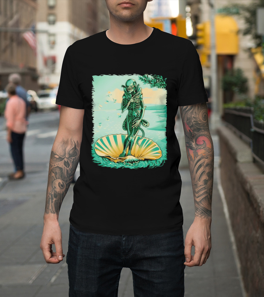 Alien Seated On Seashell The Birth Of Alienus Fusion Renaissance T-Shirt