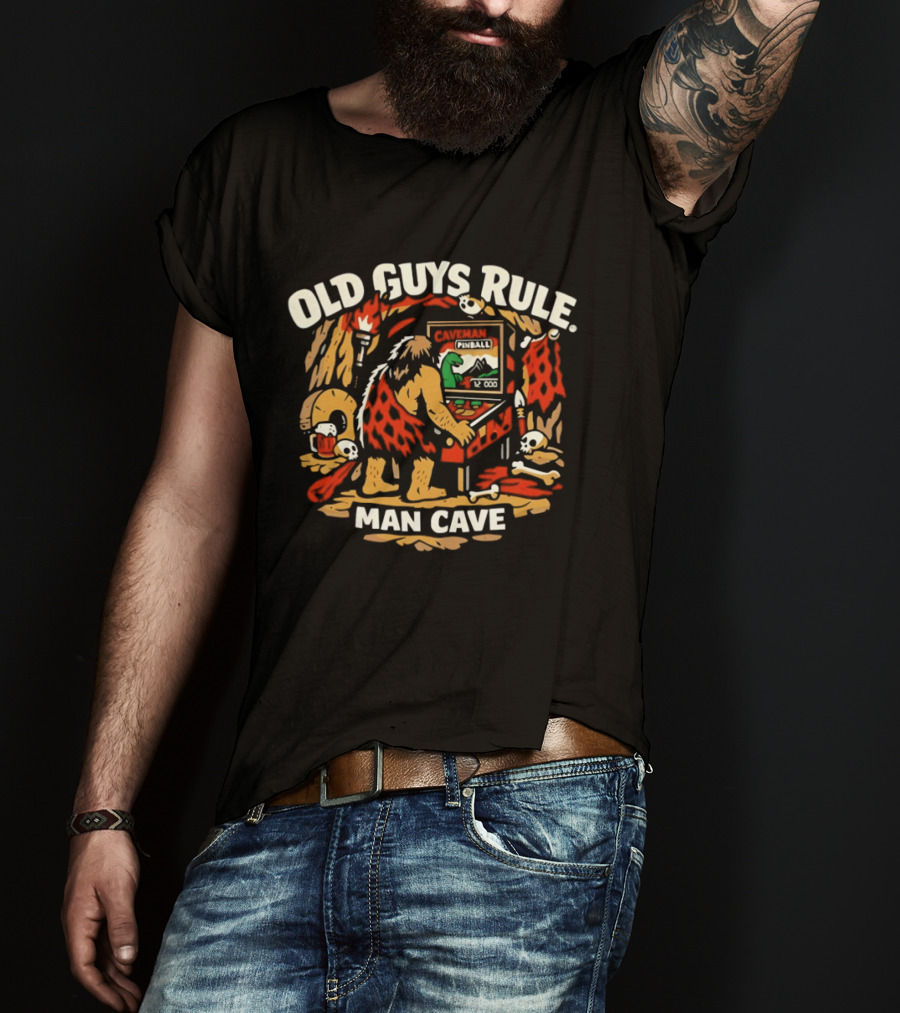Old Guys Rule Man Cave Caveman Pinball Vintage Humor T-Shirt
