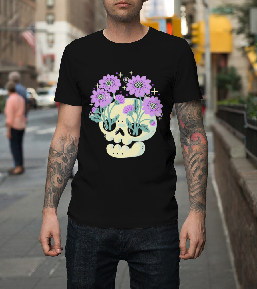 Skull With Purple Flowers And Stars Aesthetic T-Shirt