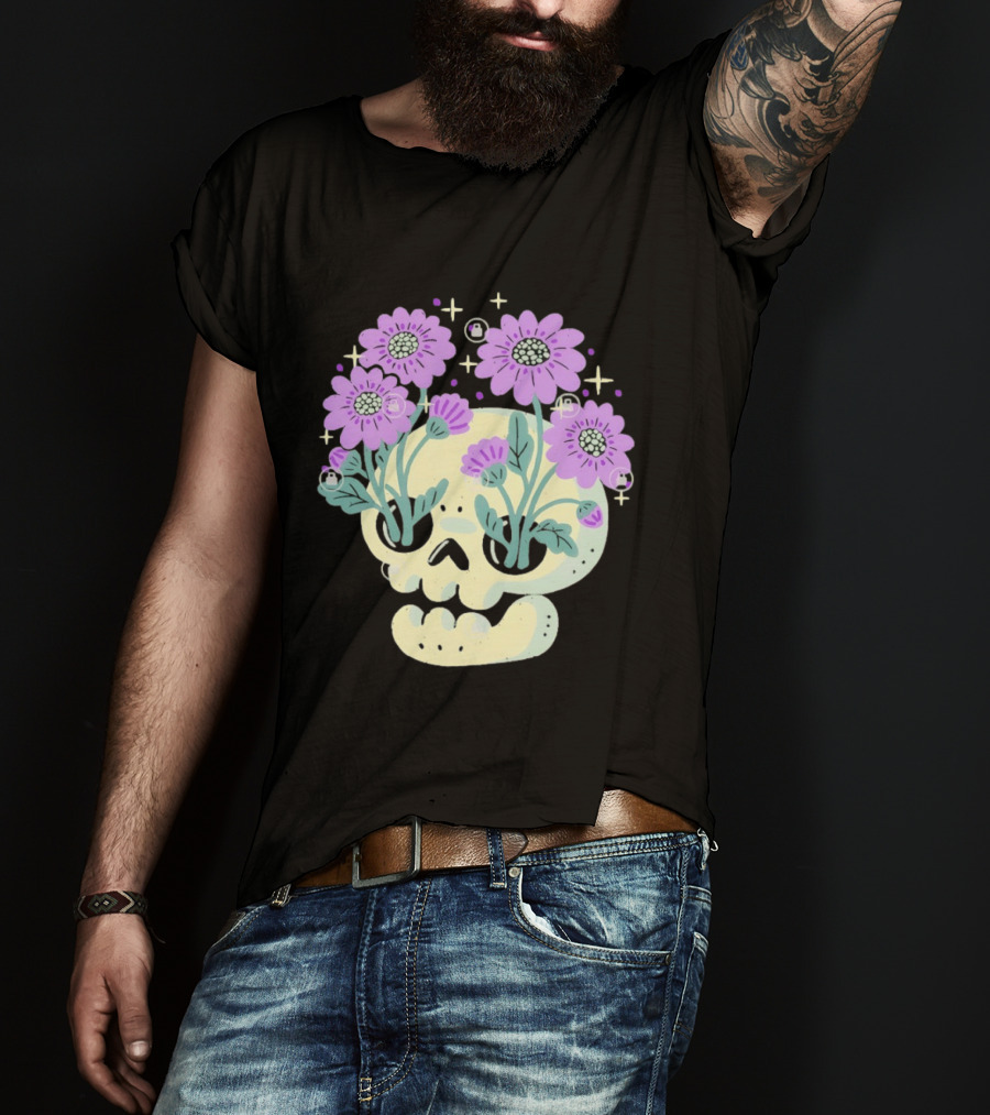 Skull With Purple Flowers And Stars Aesthetic T-Shirt