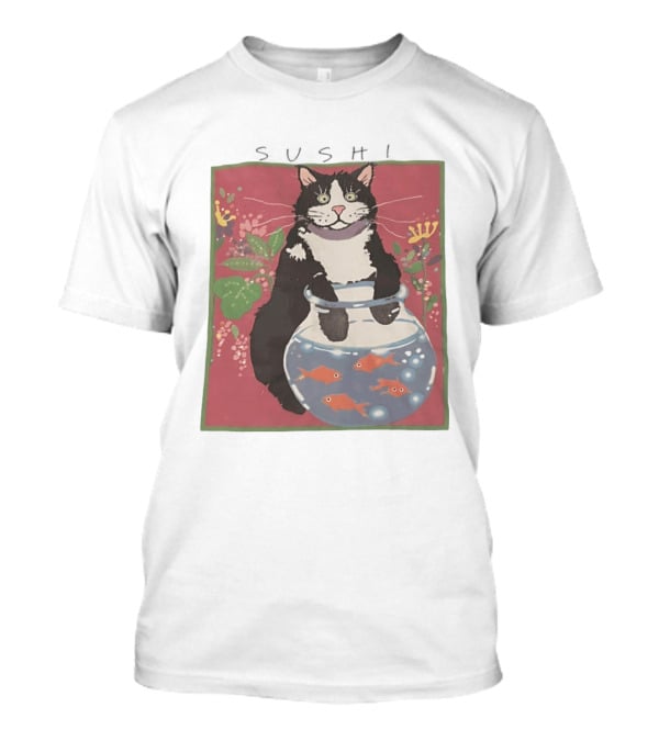 Sushi Cat Holding Fishbowl With Goldfish And Flowers T-Shirt