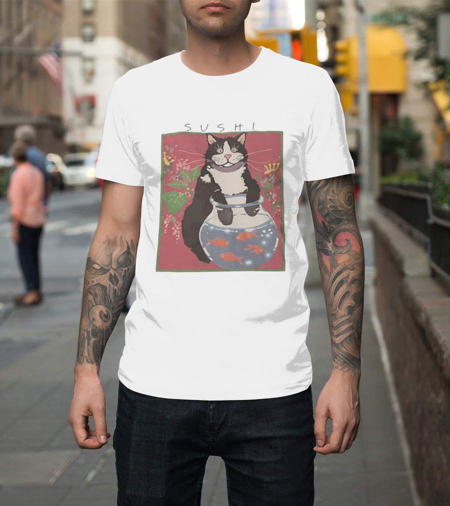 Sushi Cat Holding Fishbowl With Goldfish And Flowers T-Shirt