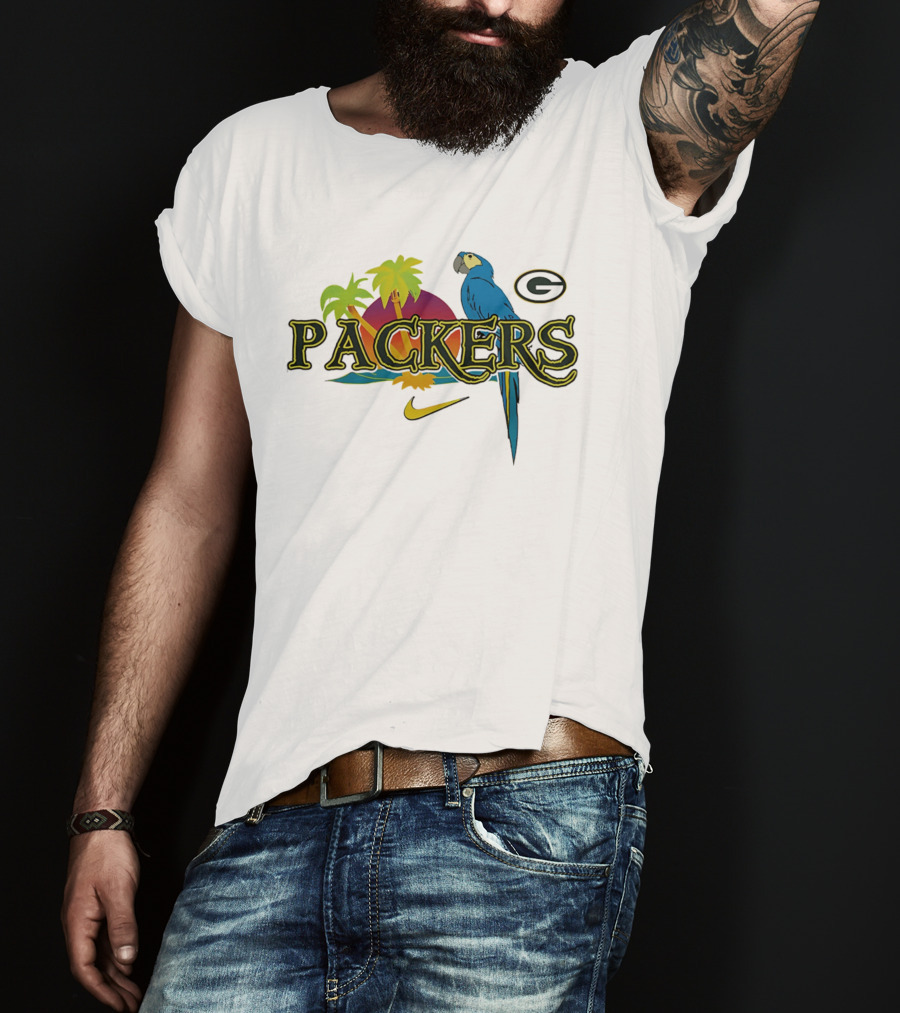 Packers Tropical Parrot Palm Trees G Logo Nike Fan Wear T-Shirt