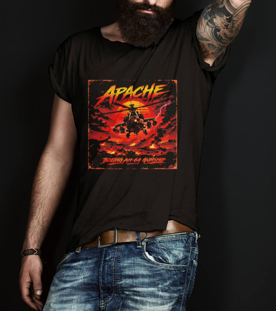 Apache Boeing AH 64 Gunship Sunset Storm Scene T-Shirt