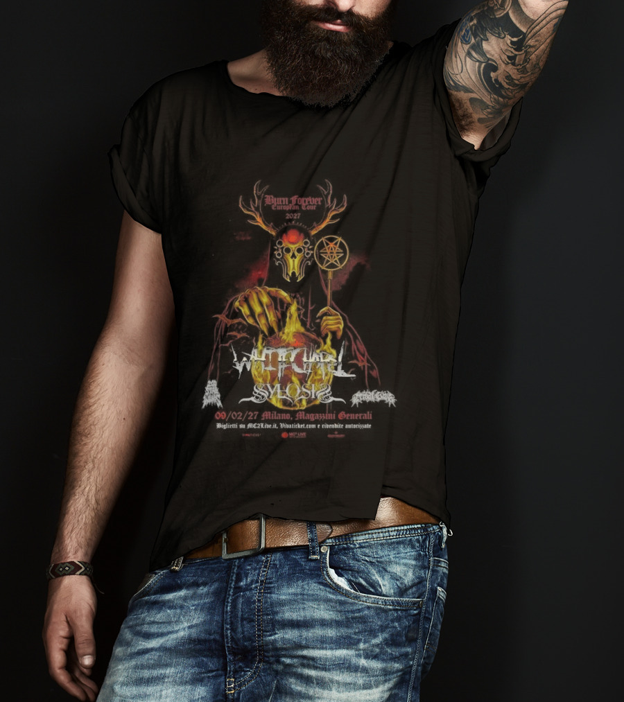 Whitechapel Burn Forever European Tour 2027 Schedule Tour Dates Demon Antlers Flames Cauldron Red Diamond Rod T-Shirt