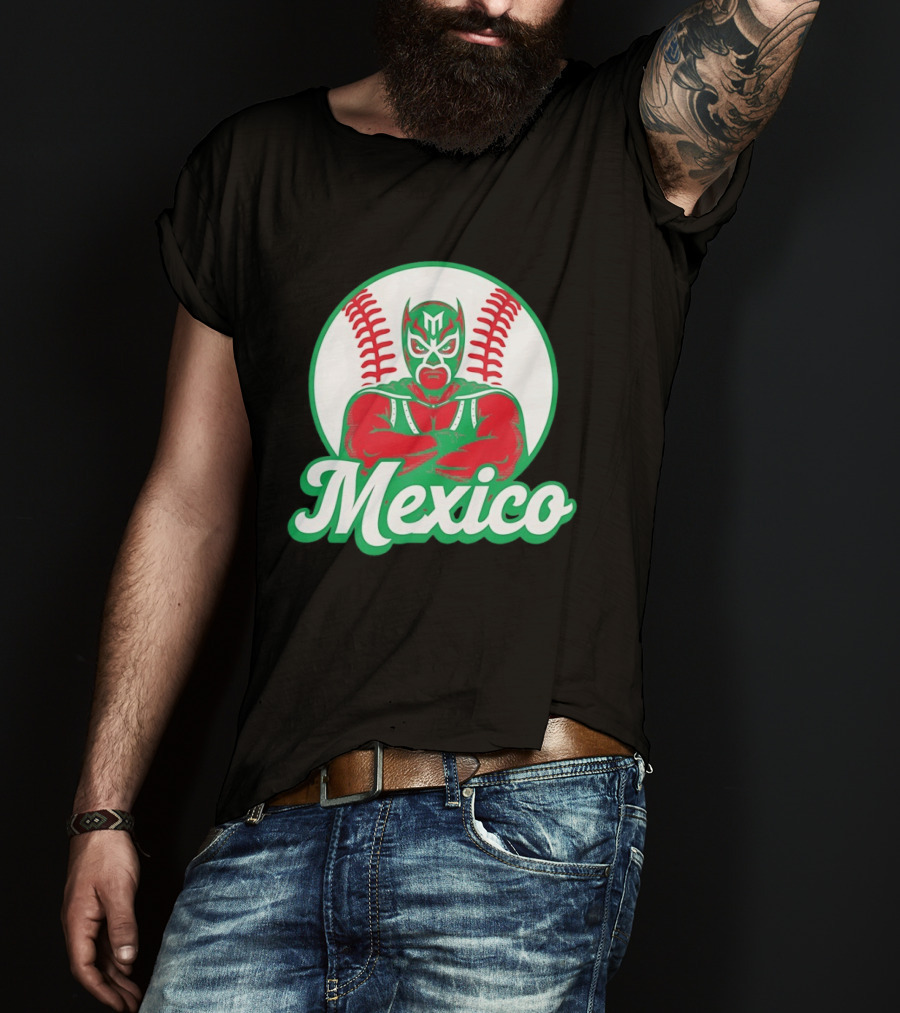 Mexico Luchador Baseball Mask Icon With Arms Crossed In Front Of Baseball Stitch T-Shirt