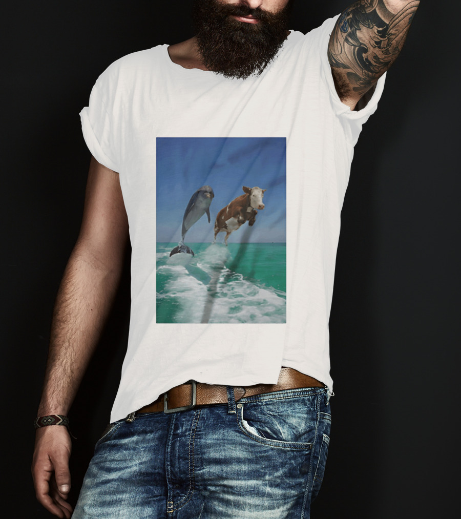 Cow And Dolphin Jumping Out Of Water Ocean Adventure T-Shirt