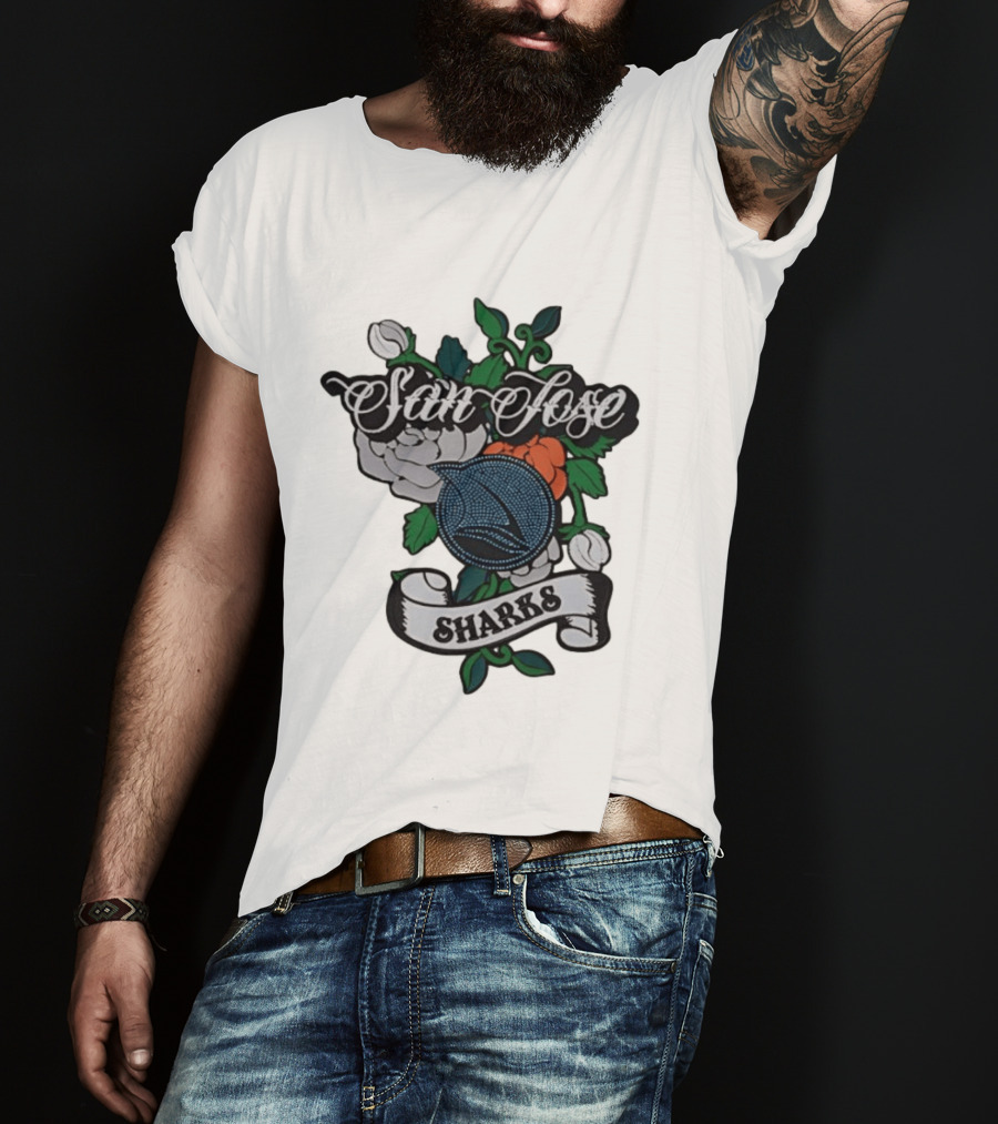 San Jose Sharks Floral Tattoo Style Team T-Shirt