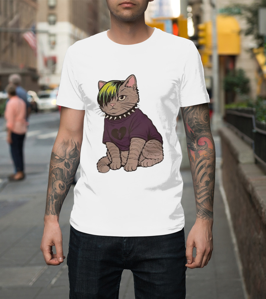 Emo Scene Cat With Heart Break Symbol And Spiked Collar T-Shirt