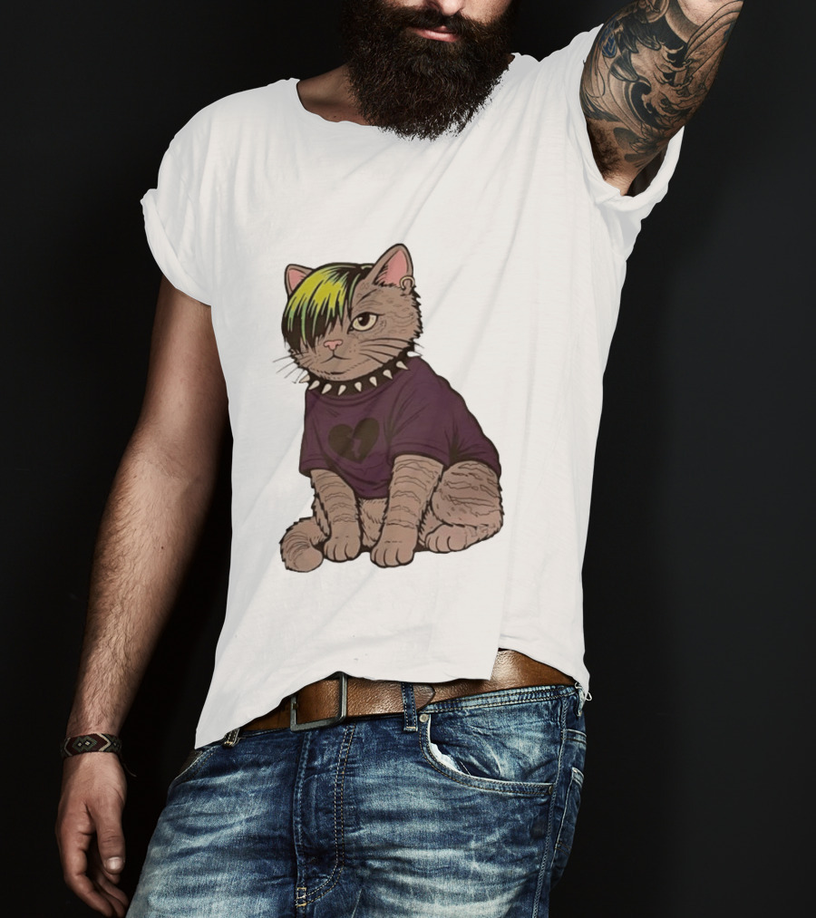 Emo Scene Cat With Heart Break Symbol And Spiked Collar T-Shirt