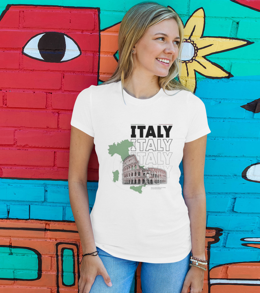 Italy Map And Colosseum Iconic Landmarks Text Heavy Exploration T-Shirt