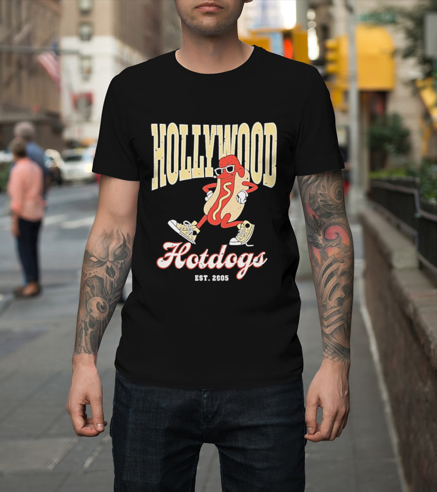 Hollywood Hotdogs Cool Mustard Character With Sunglasses Est 2005 T-Shirt