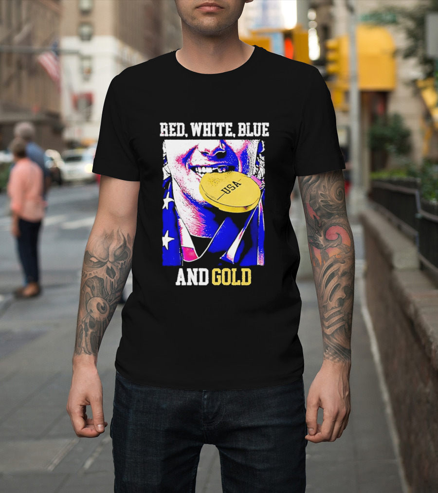 Red White Blue And Gold USA Hockey 2026 Winter Olympics Jack Hughes T-Shirt